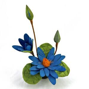 Oriental Water Lily Pad Flowers & Buds Satin Textile Art Fabric MCM Textile Art